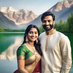 A hyper-realistic selfie of an Indian couple standing near a serene lake