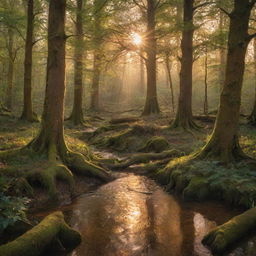 A mystical forest at sunset, bathed in golden light. The scene is dotted with a variety of lush trees and a babbling brook, with shy woodland creatures peeking out from behind the tree trunks.