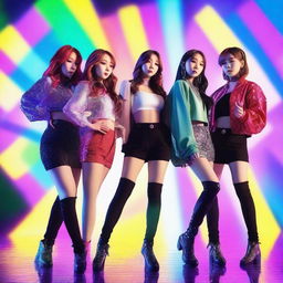 A vibrant and energetic K-pop group performing on stage with colorful lights and stylish outfits