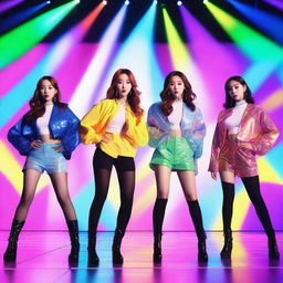 A vibrant and energetic K-pop group performing on stage with colorful lights and stylish outfits