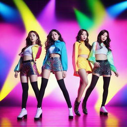 A vibrant and energetic K-pop group performing on stage with colorful lights and stylish outfits