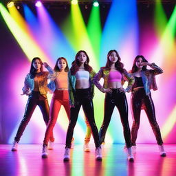 A vibrant and energetic K-pop group performing on stage with colorful lights and stylish outfits