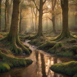 A mystical forest at sunset, bathed in golden light. The scene is dotted with a variety of lush trees and a babbling brook, with shy woodland creatures peeking out from behind the tree trunks.