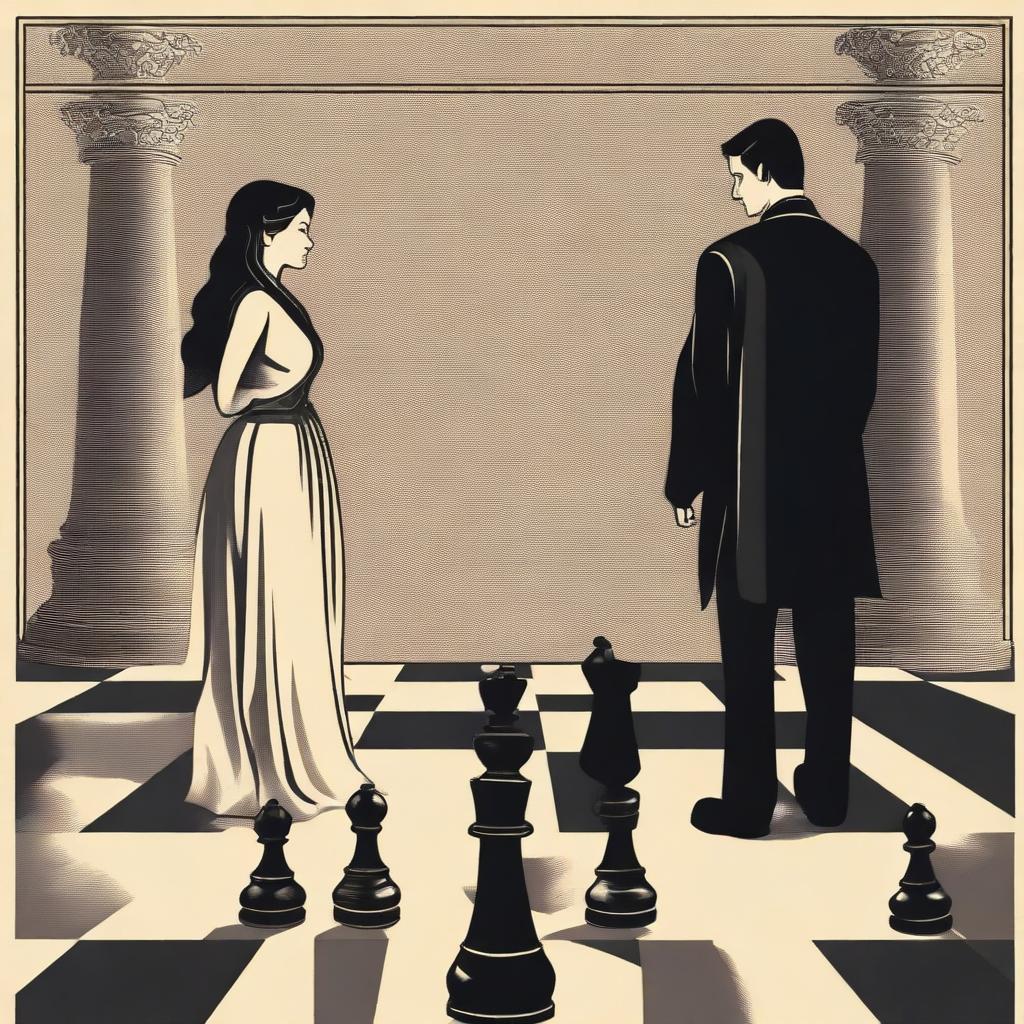 A man and a woman standing back to back on a giant chessboard