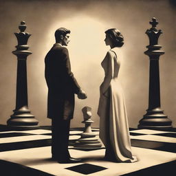 A man and a woman standing back to back on a giant chessboard