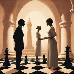 A man and a woman standing back to back on a giant chessboard