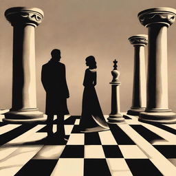 A man and a woman standing back to back on a giant chessboard