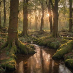 A mystical forest at sunset, bathed in golden light. The scene is dotted with a variety of lush trees and a babbling brook, with shy woodland creatures peeking out from behind the tree trunks.