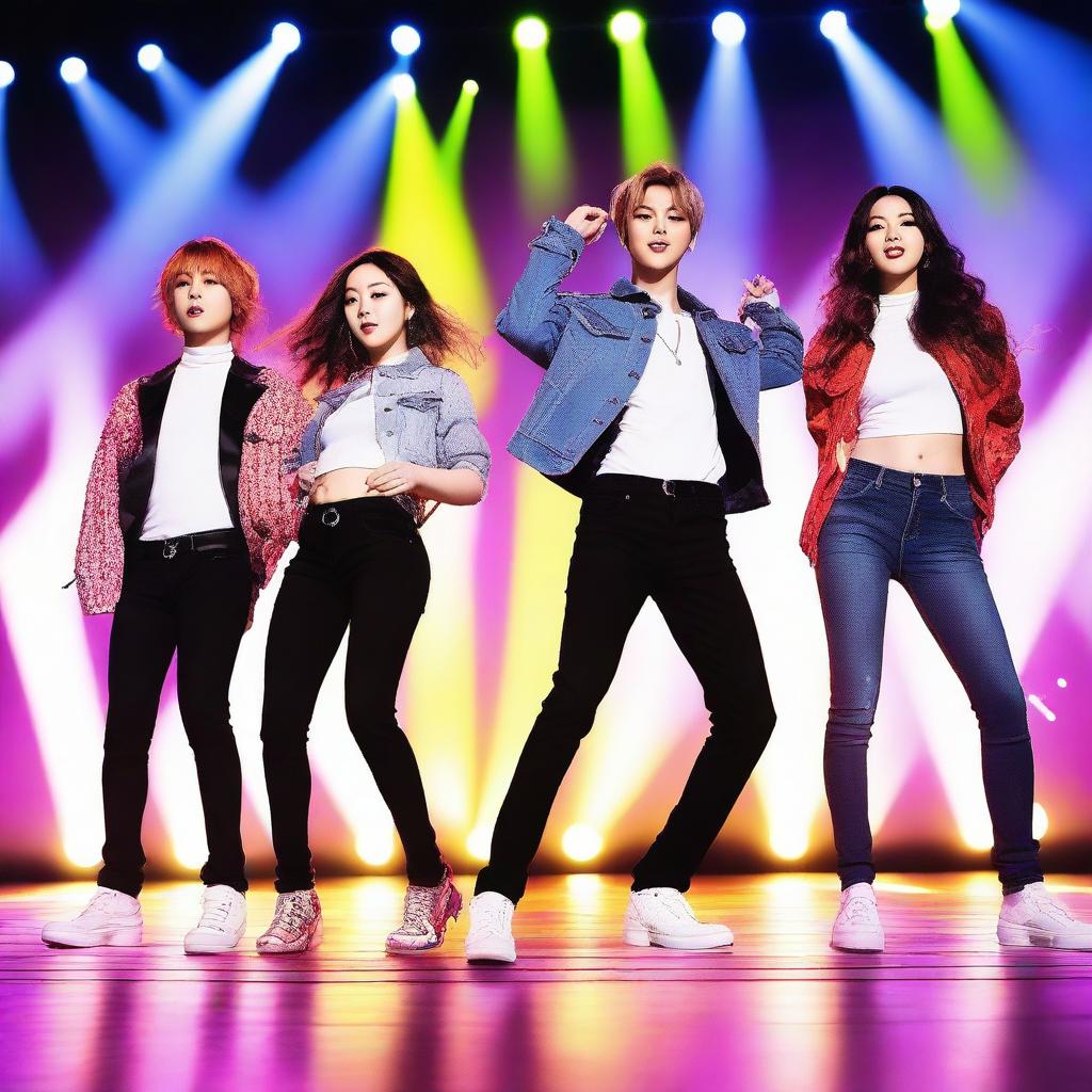 A vibrant and colorful image featuring the members of the K-pop group NewJeans