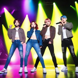 A vibrant and colorful image featuring the members of the K-pop group NewJeans