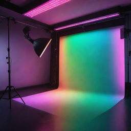 Vibrant color lighting setup in a professional studio with multicolored LED lights positioned strategically, illuminating the space creating a dynamic and atmospheric environment