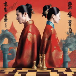 A man and a woman standing back to back on a giant chessboard