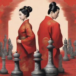 A man and a woman standing back to back on a giant chessboard