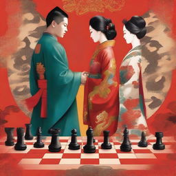 A man and a woman standing back to back on a giant chessboard