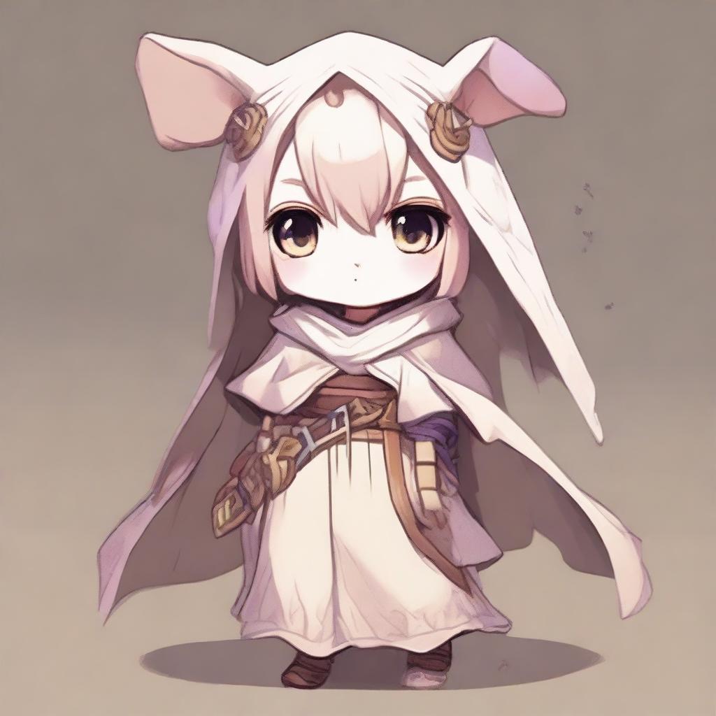 A cute and innocent-looking female Harengon character with a rabbit head and a human body, who is a necromancer living in a desert