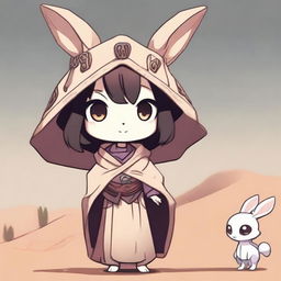 A cute and innocent-looking female Harengon character with a rabbit head and a human body, who is a necromancer living in a desert