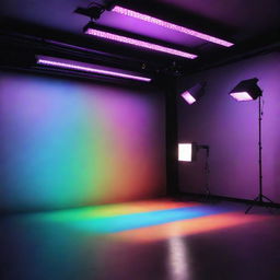 Vibrant color lighting setup in a professional studio with multicolored LED lights positioned strategically, illuminating the space creating a dynamic and atmospheric environment