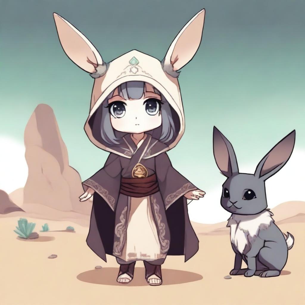 A cute and innocent-looking female Harengon character with a rabbit head and a human body, who is a necromancer living in a desert