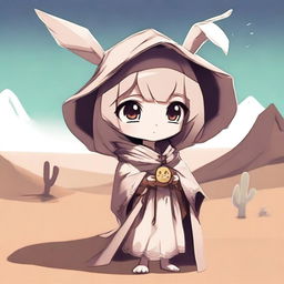 A cute and innocent-looking female Harengon character with a rabbit head and a human body, who is a necromancer living in a desert