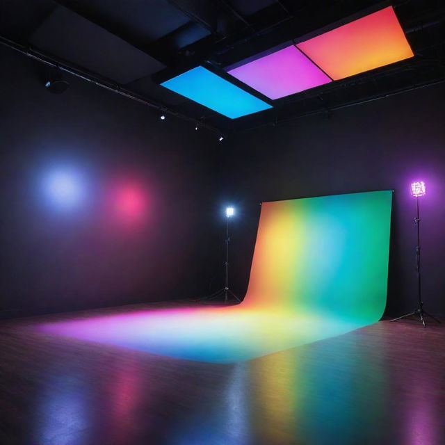 Vibrant color lighting setup in a professional studio with multicolored LED lights positioned strategically, illuminating the space creating a dynamic and atmospheric environment