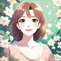 An anime-style illustration of a woman with a joyful expression, her eyes sparkling with love