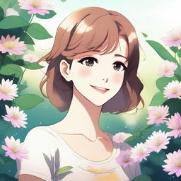 An anime-style illustration of a woman with a joyful expression, her eyes sparkling with love