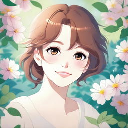 An anime-style illustration of a woman with a joyful expression, her eyes sparkling with love