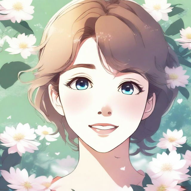 An anime-style illustration of a woman with a joyful expression, her eyes sparkling with love