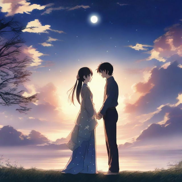 An anime-style scene depicting a man and woman in eternal love