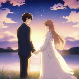 An anime-style scene depicting a man and woman in eternal love