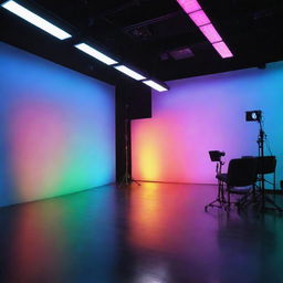 Vibrant color lighting setup in a professional studio with multicolored LED lights positioned strategically, illuminating the space creating a dynamic and atmospheric environment