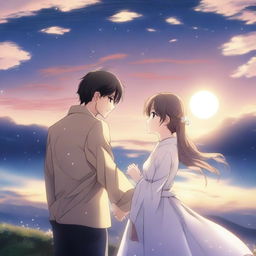 An anime-style scene depicting a man and woman in eternal love