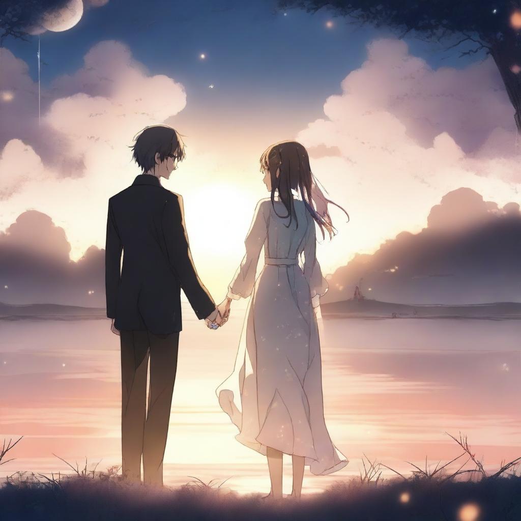 An emotional anime-style scene depicting a man and woman in eternal love