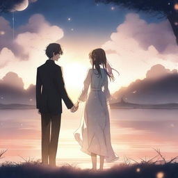 An emotional anime-style scene depicting a man and woman in eternal love