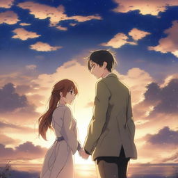 An emotional anime-style scene depicting a man and woman in eternal love