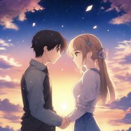 An emotional anime-style scene depicting a man and woman in eternal love