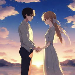 An emotional anime-style scene depicting a man and woman in eternal love