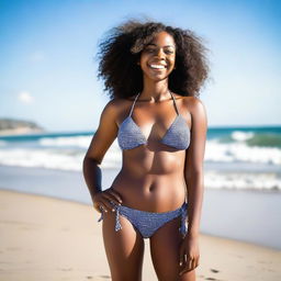 A beautiful black girl wearing a bikini, standing confidently on a sunny beach