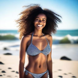 A beautiful black girl wearing a bikini, standing confidently on a sunny beach