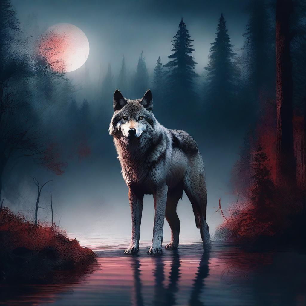 A majestic wolf stands by a serene forest river, its fur glistening under the moonlight