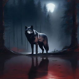 A majestic wolf stands by a serene forest river, its fur glistening under the moonlight