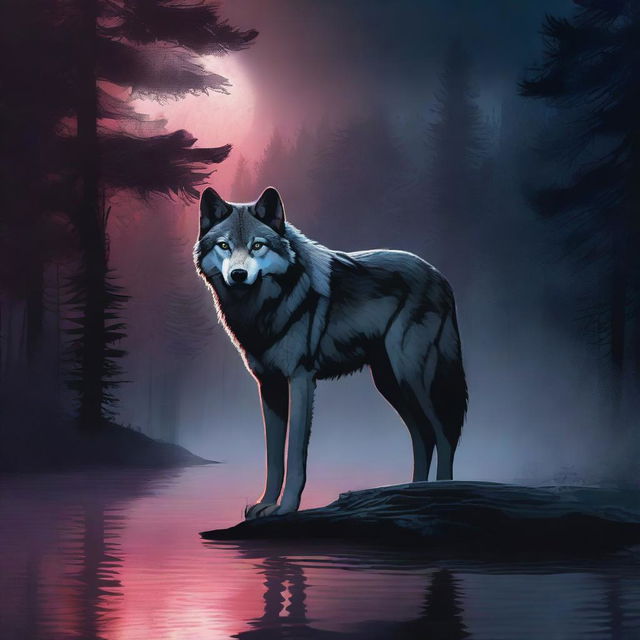 A majestic wolf stands by a serene forest river, its fur glistening under the moonlight