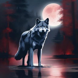 A majestic wolf stands by a serene forest river, its fur glistening under the moonlight