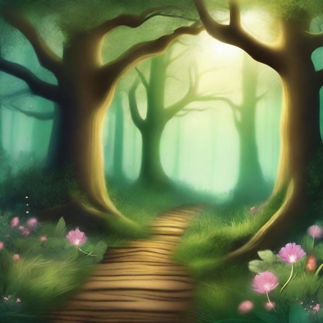 Create a captivating book cover featuring an enchanting forest with a mysterious path leading into the unknown