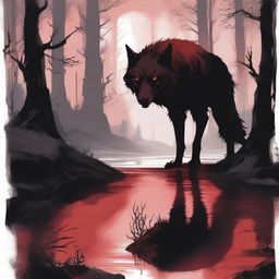 A dark, eerie forest with a blood-red river flowing through it