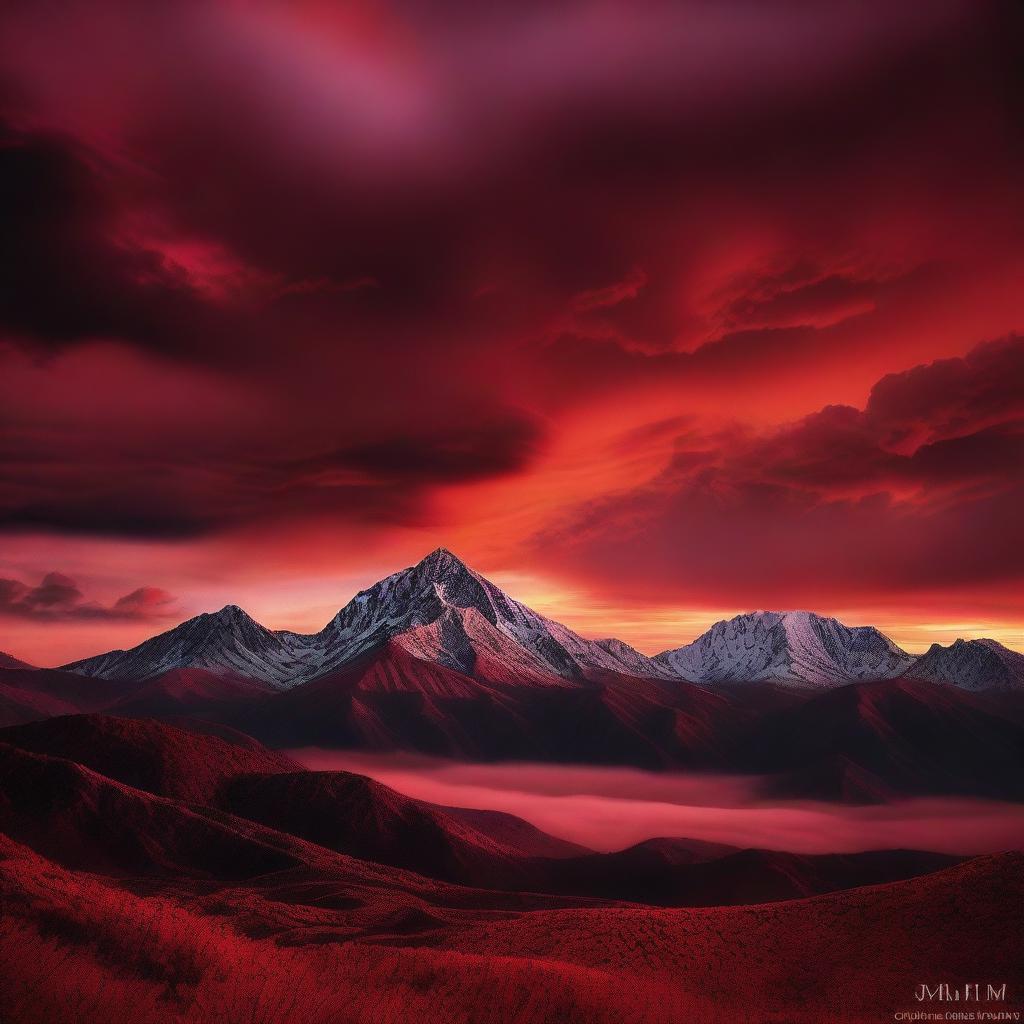 A surreal image of a red sky filled with clouds over a mountain range