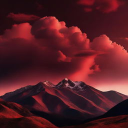 A surreal image of a red sky filled with clouds over a mountain range