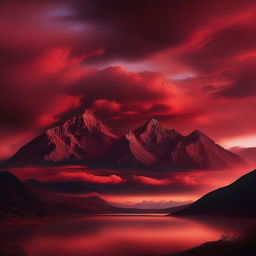 A surreal image of a red sky filled with clouds over a mountain range