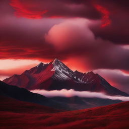 A surreal image of a red sky filled with clouds over a mountain range