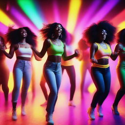 A vibrant and dynamic scene from a music video featuring a diverse group of people dancing and singing with colorful lights and a lively atmosphere